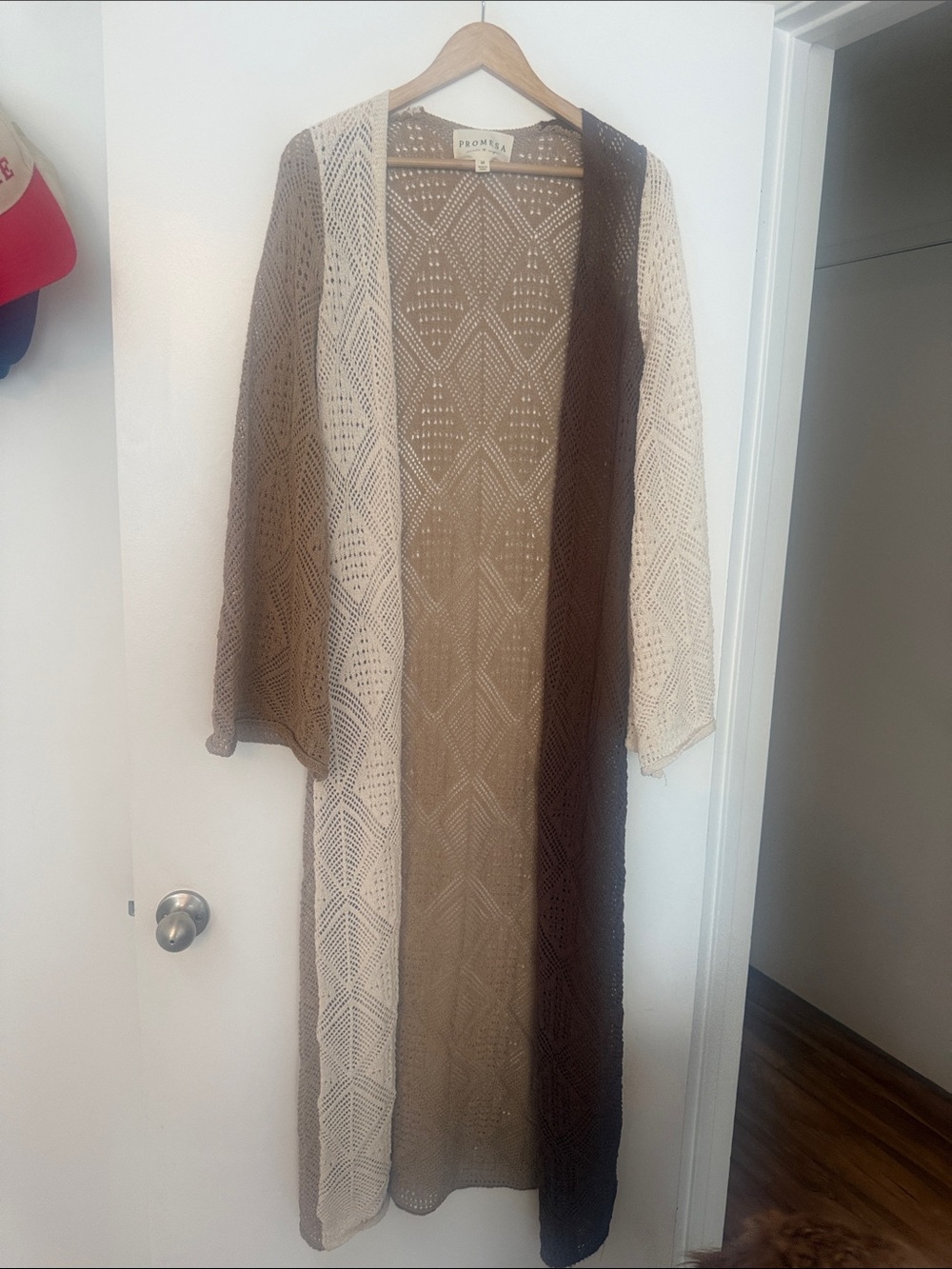 Promesa Crochet Longline Colorblock Cardigan in Cream and Brown